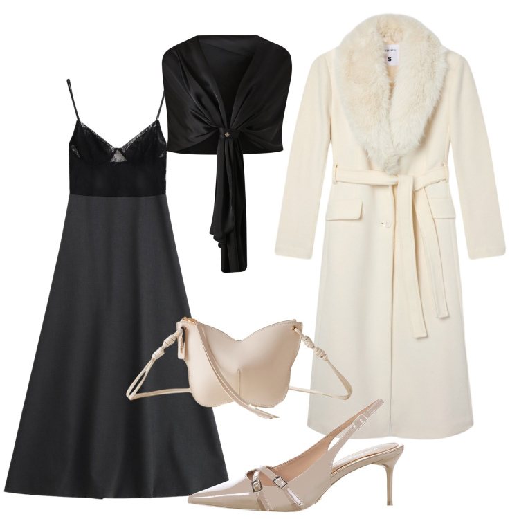 Outfit donna - Il caldo cappotto. Stile Chic per Cerimonia. Abbinamento con cappotti, scialli, décolleté, vestiti lunghi, borse a tracolla.