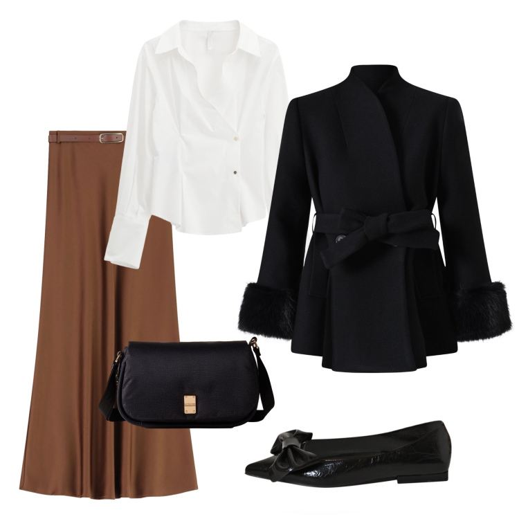 Outfit donna - Total look #2273810. Stile Bon Ton per Ufficio. Abbinamento con ballerine, cappotti, camicie, gonne lunghe, borse a tracolla.