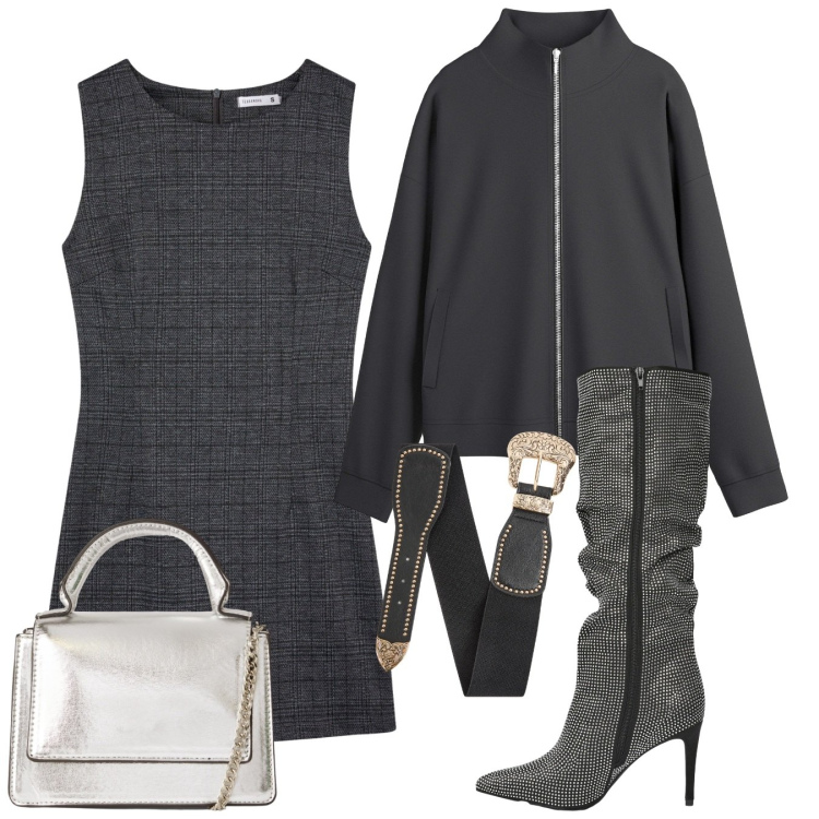 Outfit donna - Strass ai piedi. Stile Chic per Serata fuori. Abbinamento con blazer, cinture, borse a tracolla, vestiti senza maniche, stivali.