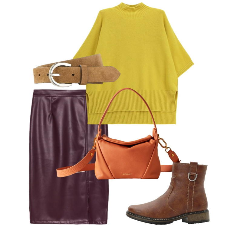 Outfit donna - Ottobre senape e burgundy. Stile Bon Ton per Tutti i giorni. Abbinamento con cinture, stivaletti, maglieria, borse a spalla, gonne longuette.