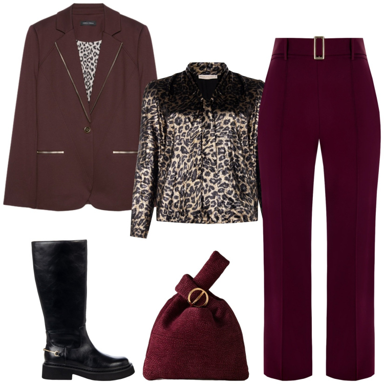 Outfit donna - Rosso vino e animalier. Stile Glamour per Serata fuori. Abbinamento con pantaloni, stivali sopra il ginocchio, bluse, borse a mano, blazer.