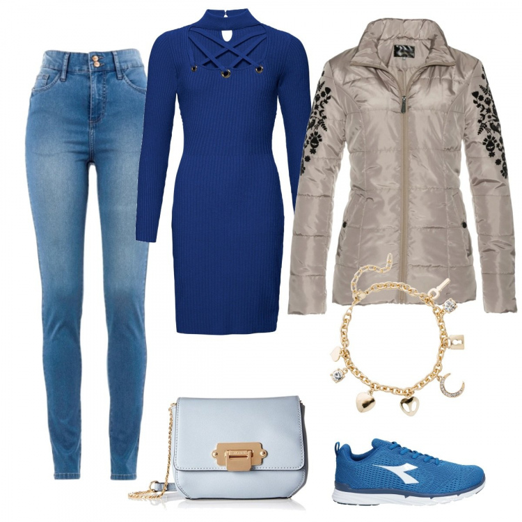 Outfit donna - Sporty chic. Stile Chic per Tutti i giorni. Abbinamento con jeans slim fit, piumino con stampa, vestito in in maglia con aperture, bracciale, sneakers tennis, borsa a tracolla blu.
