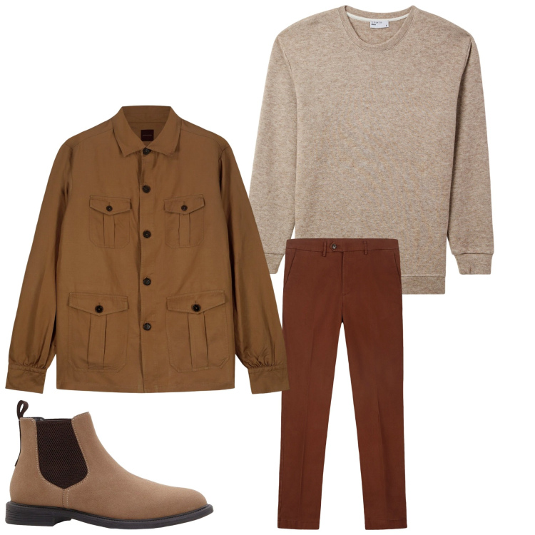 Outfit uomo - Marrone. Stile Casual per Tutti i giorni. Abbinamento con stivali e stivaletti, maglieria, cappotti, pantaloni chino.