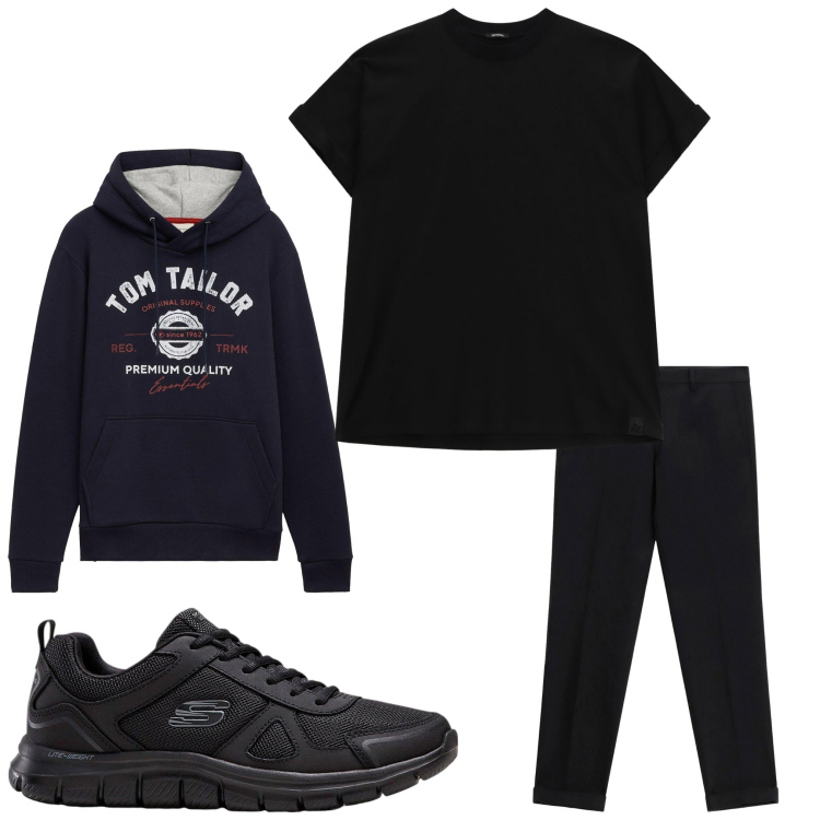 Outfit uomo - Nero black. Stile Casual per Tutti i giorni. Abbinamento con sneakers, felpe con cappuccio, t-shirt, pantaloni.