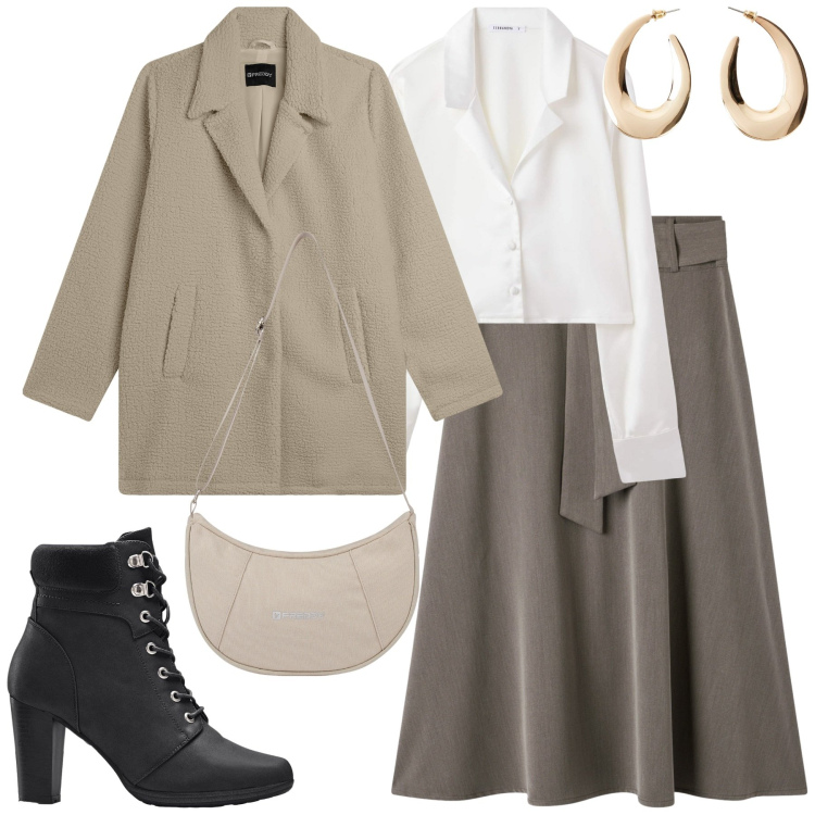 Outfit donna - Un impegno lavorativo. Stile Casual per Ufficio. Abbinamento con stivaletti, orecchini, camicie, gonne lunghe, cappotti, borse a spalla.