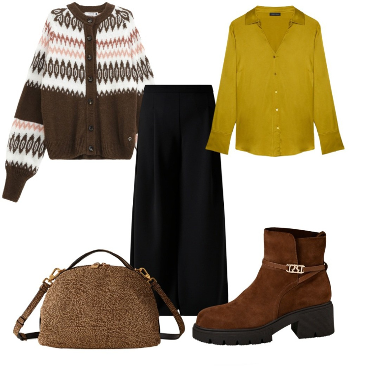 Outfit donna - Total look #2274013. Stile Trendy per Tutti i giorni. Abbinamento con pantaloni a palazzo, stivaletti, cardigans, borse a mano, camicie.