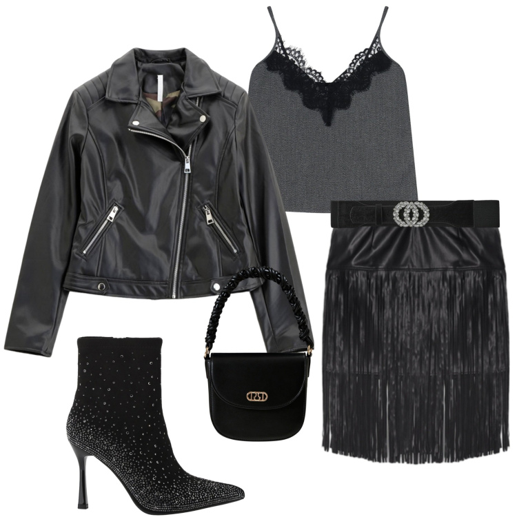 Outfit donna - Pronta per la festa. Stile Casual chic per Serata fuori. Abbinamento con cinture, borse a mano, blazer, stivaletti, top, minigonne.