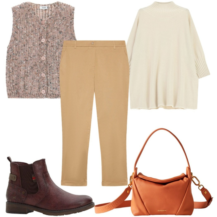 Outfit donna - Total look #2274015. Stile Trendy per Tutti i giorni. Abbinamento con stivaletti chelsea, gilet, maglieria, borse a spalla, pantaloni chino.