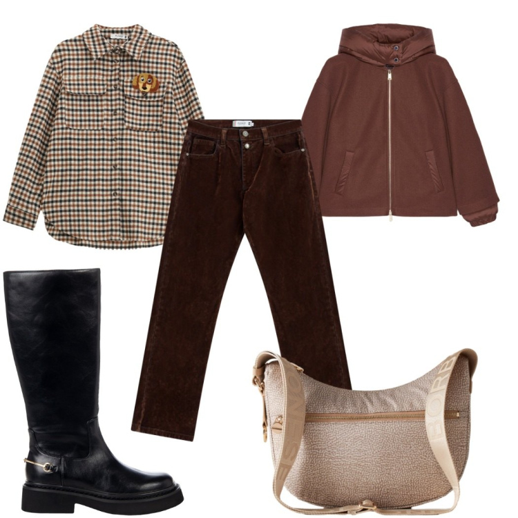 Outfit donna - Total look #2274018. Stile Casual per Tutti i giorni. Abbinamento con stivali sopra il ginocchio, camicie, pantaloni, borse a spalla, bomber.