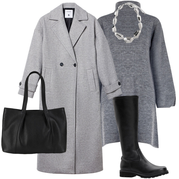 Outfit donna - In ufficio. Stile Basic per Ufficio. Abbinamento con shopping bag, stivali, cappotti, vestiti corti, ciondoli.