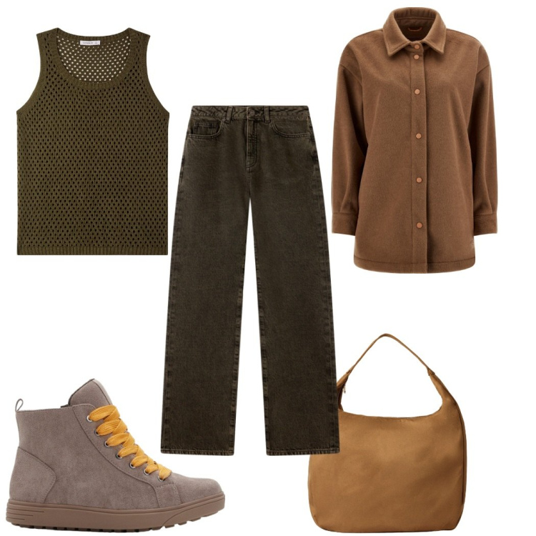 Outfit donna - Total look #2274020. Stile Trendy per Tutti i giorni. Abbinamento con sneakers alte, top, borse a mano, jeans dritti, cappotti.