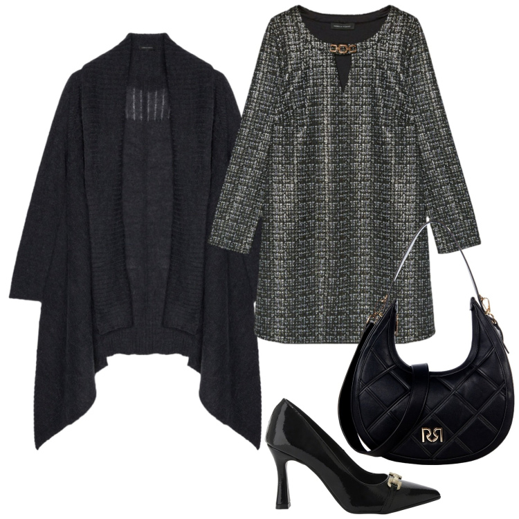 Outfit donna - Curvy chic. Stile Chic per Serata fuori. Abbinamento con borse a tracolla, décolleté, vestiti corti, cardigans.