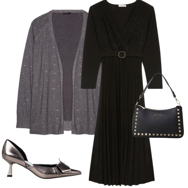 Outfit donna - Serata evento. Stile Chic per Serata fuori. Abbinamento con décolleté, pochette, vestiti lunghi, cardigans.