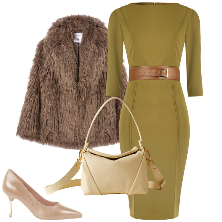 Outfit donna - Intramontabile tubino. Stile Chic per Serata fuori. Abbinamento con ecopellicce, décolleté, vestiti a tubino, borse a spalla.