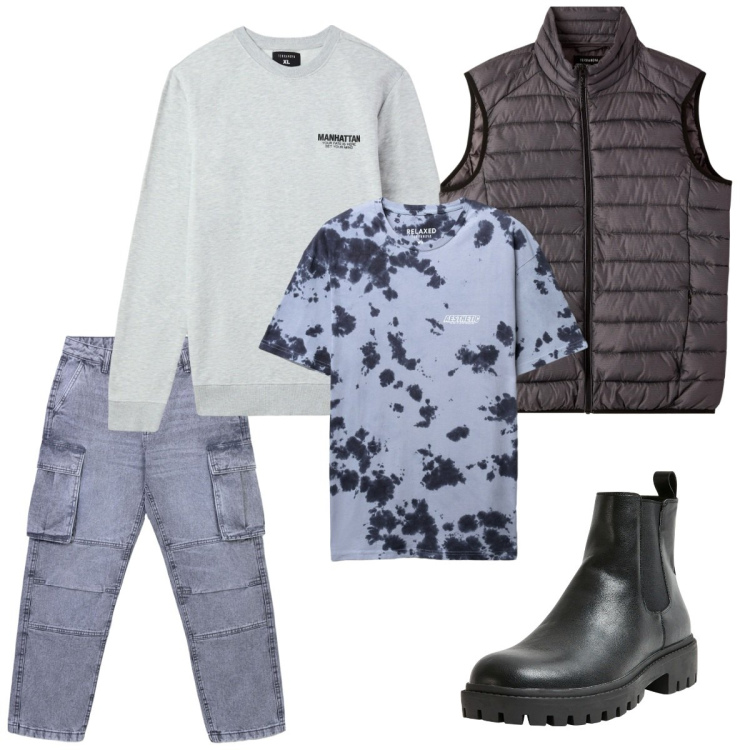 Outfit uomo - Mi vesto a cipolla. Stile Trendy per Tutti i giorni. Abbinamento con stivali e stivaletti, felpe, piumini, jeans, t-shirt.