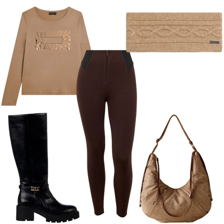 Outfit donna - Total look #2274029. Stile Casual per Tutti i giorni. Abbinamento con stivali sopra il ginocchio, accessori per capelli, t-shirt, pantaloni skinny, borse a spalla.