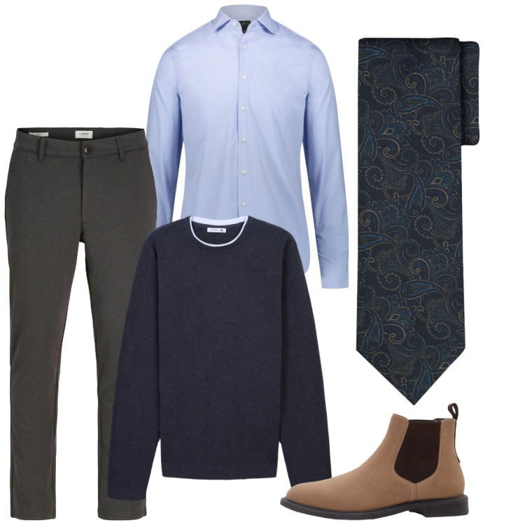 Outfit uomo - Total look #2274031. Stile Business/Elegante per Ufficio. Abbinamento con stivali e stivaletti, pantaloni chino, maglieria, camicie, cravatte.