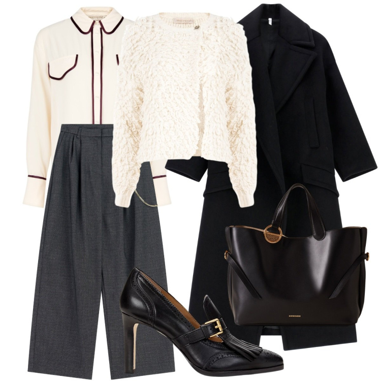 Outfit donna - Total look #2274035. Stile Mannish per Ufficio. Abbinamento con cardigans, camicie, pantaloni a palazzo, cappotti, shopping bag, décolleté.