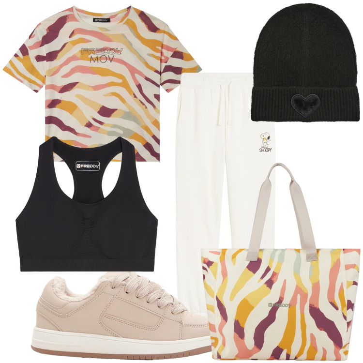 Outfit donna - Sportivi abbinamenti. Stile Casual chic per Sport. Abbinamento con sneakers, berretti, shopping bag, reggiseni, t-shirt, pantaloni.
