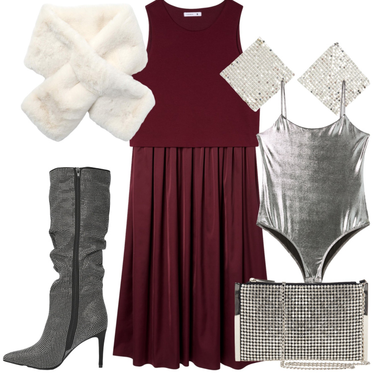 Outfit donna - Una donna brillante. Stile Glamour per Cerimonia. Abbinamento con vestiti midi/longuette, sciarpe, orecchini, stivali, body, pochette.