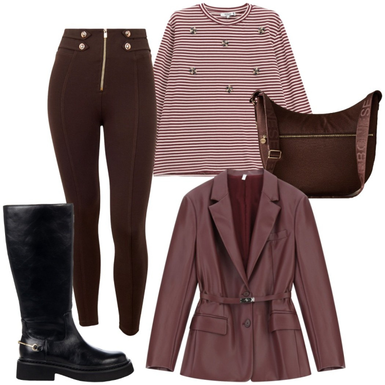 Outfit donna - Total look #2274048. Stile Casual chic per Tutti i giorni. Abbinamento con stivali sopra il ginocchio, t-shirt, blazer, pantaloni skinny, borse a spalla.