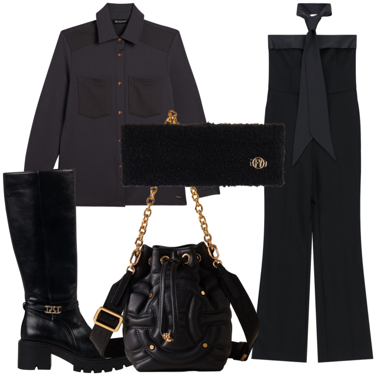 Outfit donna - Originalmente. Stile Trendy per Ufficio. Abbinamento con borse a secchiello, stivali sopra il ginocchio, tute, fasce per capelli, camicie.