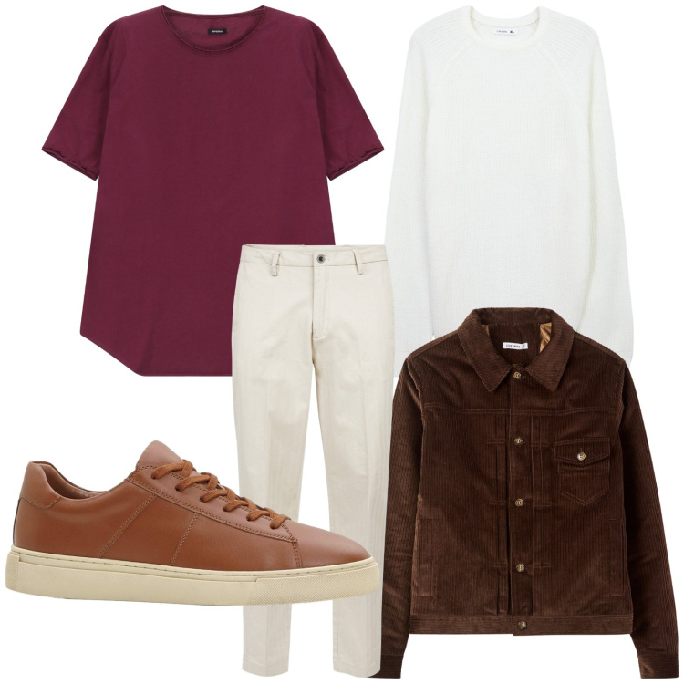 Outfit uomo - Look a strati. Stile Trendy per Tutti i giorni. Abbinamento con sneakers, maglieria, cappotti, t-shirt, pantaloni.