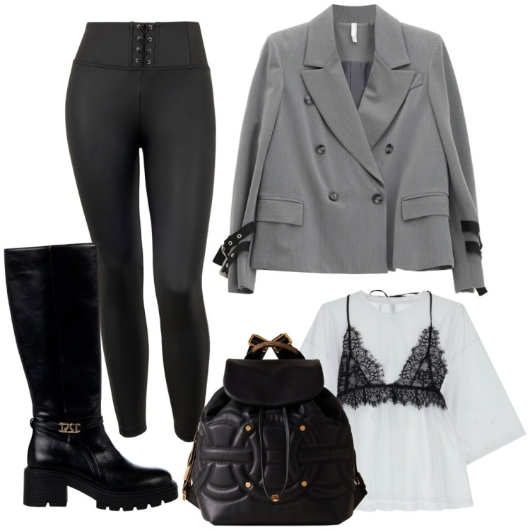 Outfit donna - Urban style. Stile Urban per Tutti i giorni. Abbinamento con stivali sopra il ginocchio, blazer, t-shirt, pantaloni skinny, zaini.