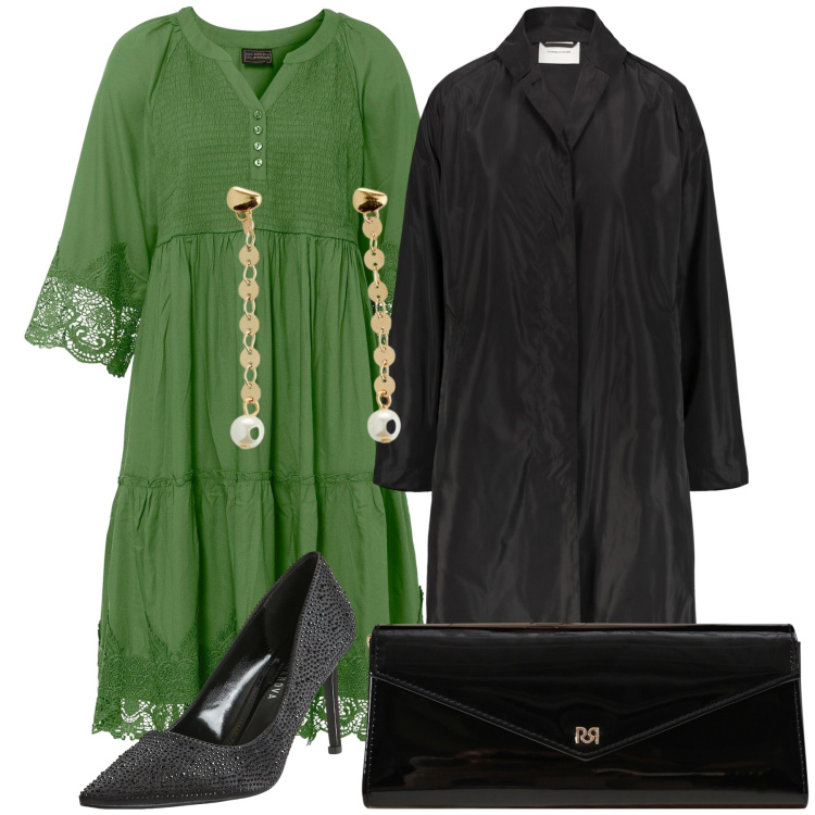 Outfit donna - Eleganza risparmiosa. Stile Trendy per Cerimonia. Abbinamento con vestiti chemisier, orecchini, décolleté, pochette, trench.