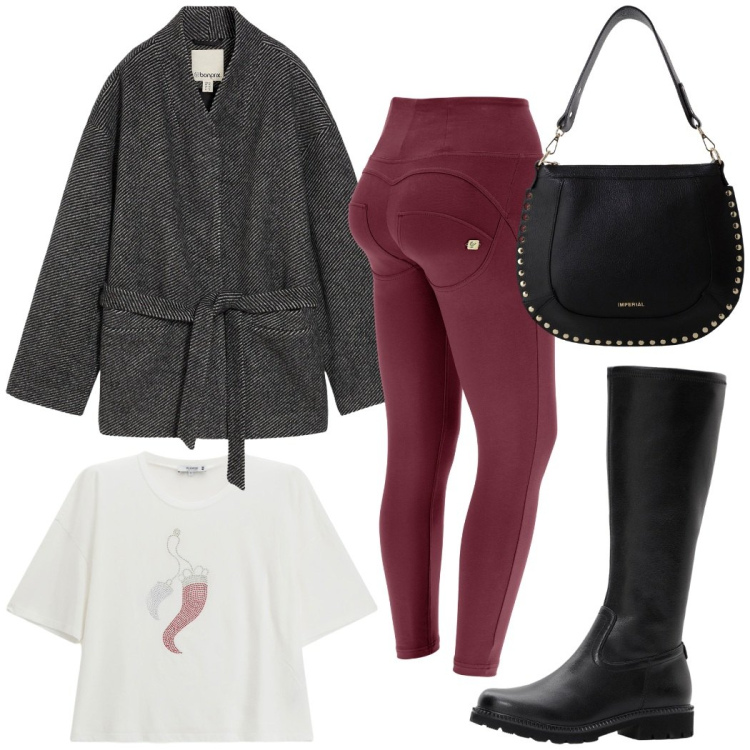 Outfit donna - Urban style. Stile Urban per Ufficio. Abbinamento con blazer, stivali, t-shirt, borse a spalla, pantaloni skinny.
