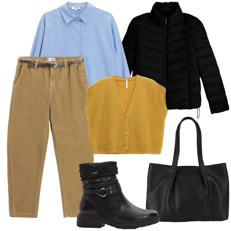 Outfit donna - Total look #2274055. Stile Casual chic per Ufficio. Abbinamento con stivaletti, shopping bag, piumini, pantaloni chino, camicie, cardigans.