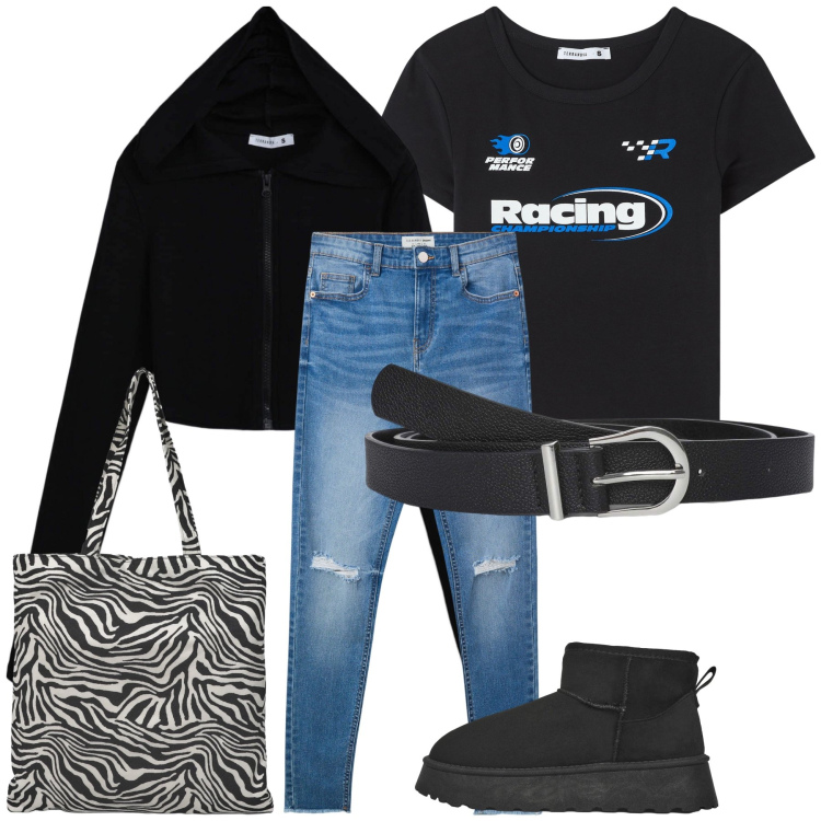 Outfit donna - I love Terranova. Stile Casual chic per Tutti i giorni. Abbinamento con t-shirt, cinture, jeans strappati, felpe con cappuccio, borse tote, stivaletti.