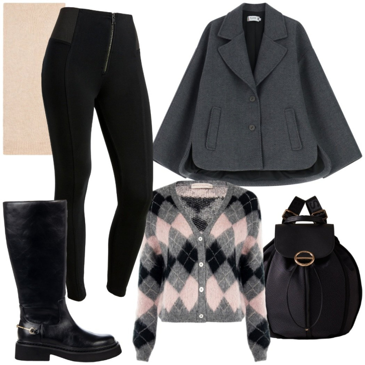 Outfit donna - Urban style chic. Stile Urban per Ufficio. Abbinamento con cardigans, stivali sopra il ginocchio, pantaloni skinny, sciarpe, blazer, zaini.