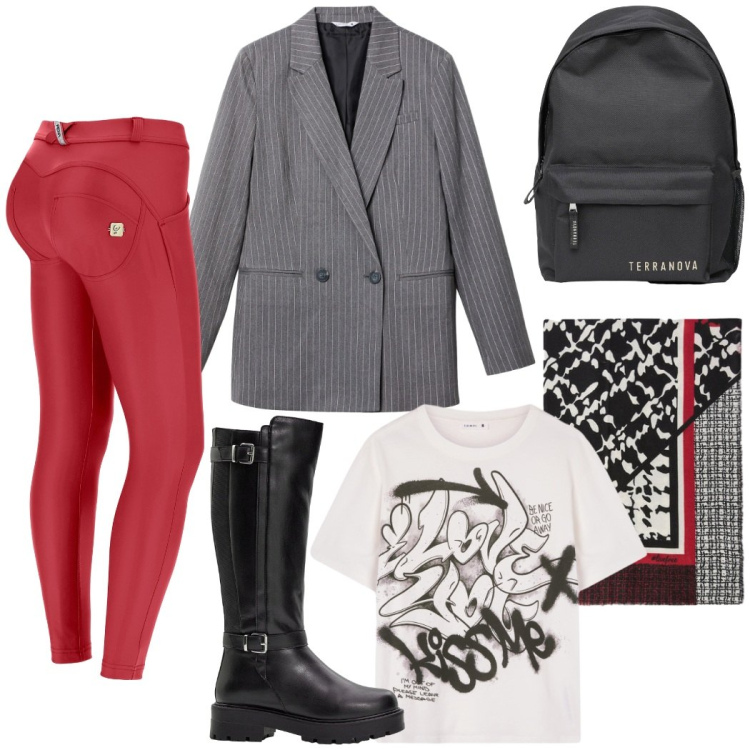 Outfit donna - Lezione all\' università. Stile Casual chic per Scuola/Università. Abbinamento con stivali, zaini, blazer, t-shirt, pantaloni skinny, sciarpe.