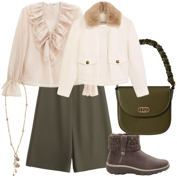 Outfit donna - La camicia frou frou. Stile Urban per Ufficio. Abbinamento con stivaletti, piumini, borse a mano, camicie, pantaloni a palazzo, ciondoli.