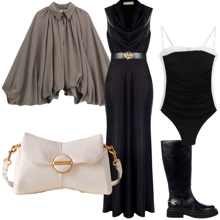 Outfit donna - Soiree. Stile Glamour per Serata fuori. Abbinamento con pochette, stivali sopra il ginocchio, vestiti lunghi, bomber, body.