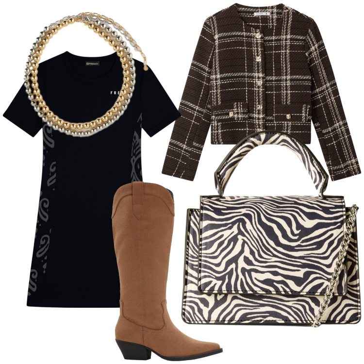 Outfit donna - La chanellina. Stile Urban per Ufficio. Abbinamento con stivali, borse a tracolla, blazer, vestiti midi/longuette, collane.