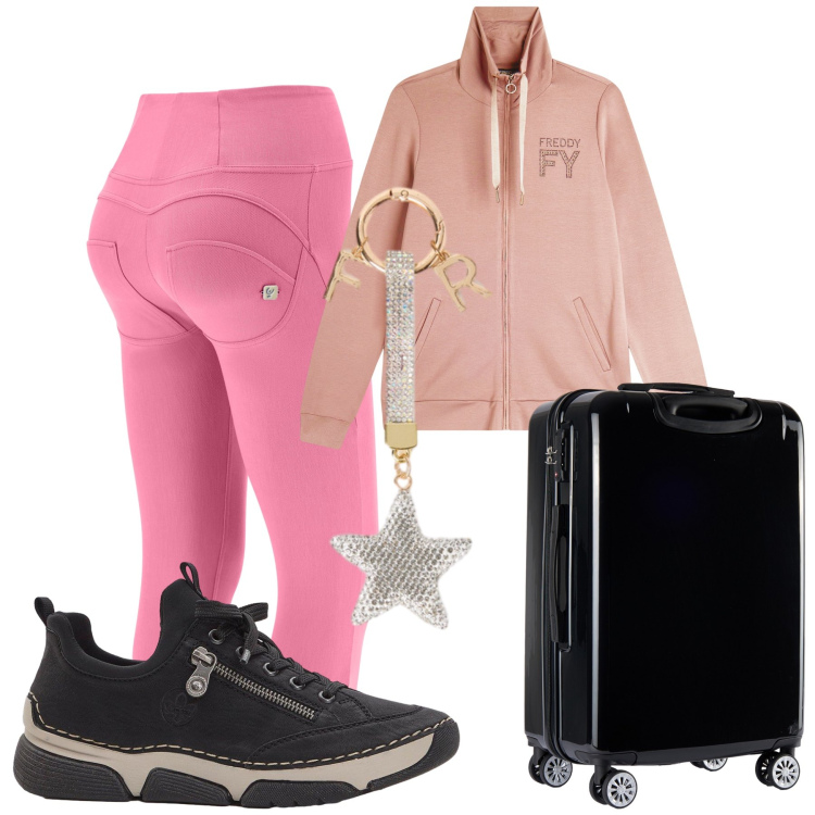 Outfit donna - Viaggio sotto una buona stella. Stile Casual per Tutti i giorni. Abbinamento con sneakers, pantaloni skinny, valigie, felpe, portachiavi.