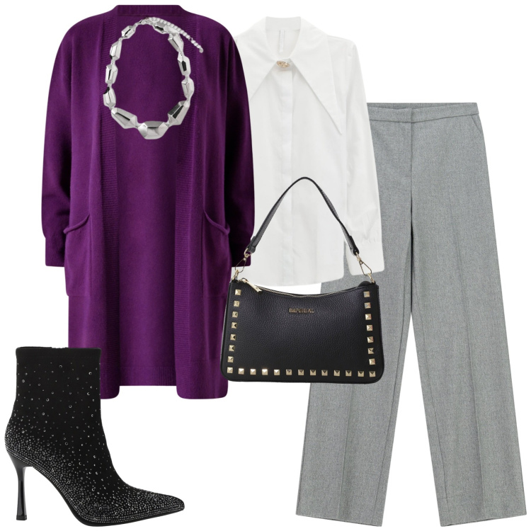 Outfit donna - Il cardigan di ottobre. Stile Urban per Tutti i giorni. Abbinamento con cardigans, pantaloni a palazzo, camicie, pochette, stivaletti, ciondoli.
