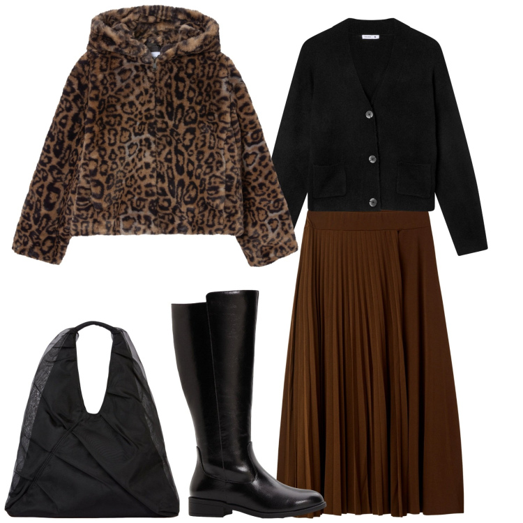 Outfit donna - Total look #2274069. Stile Urban per Tutti i giorni. Abbinamento con stivali, cardigans, gonne lunghe, ecopellicce, shopping bag.