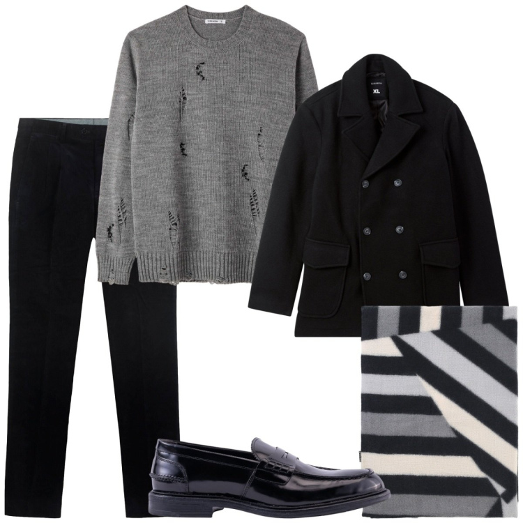 Outfit uomo - Total look #2274076. Stile Trendy per Serata speciale. Abbinamento con caban, maglieria, sciarpe, scarpe stringate, pantaloni.