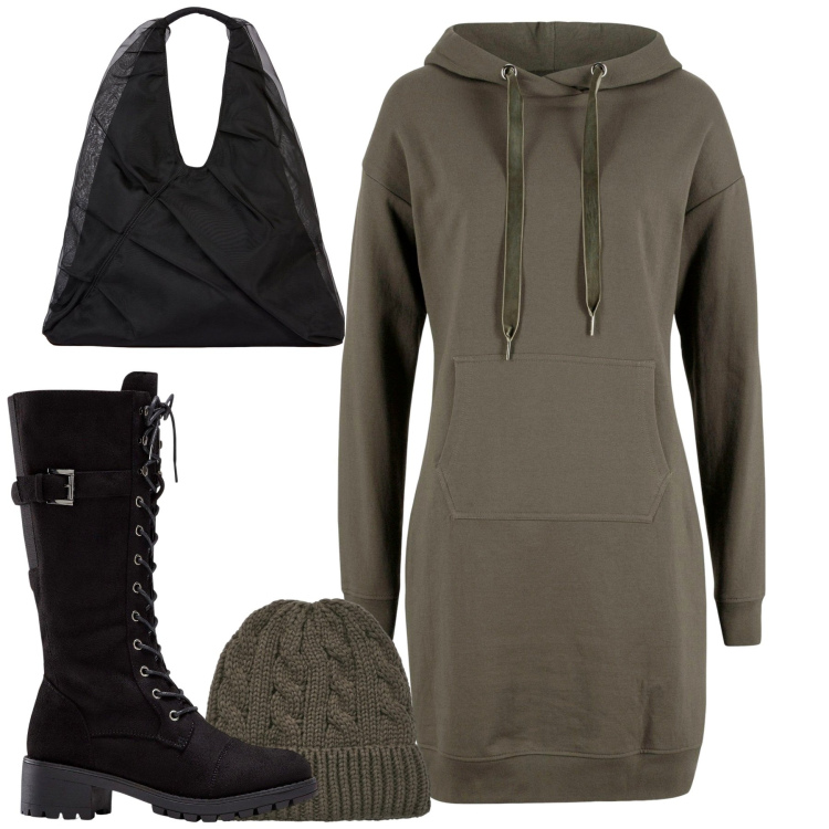 Outfit donna - Ottobre. Stile Casual per Tutti i giorni. Abbinamento con vestiti, stivali, berretti, shopping bag.