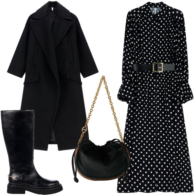 Outfit donna - Il vestito a pois. Stile Trendy per Tutti i giorni. Abbinamento con stivali sopra il ginocchio, cappotti, vestiti midi/longuette, borse a spalla.
