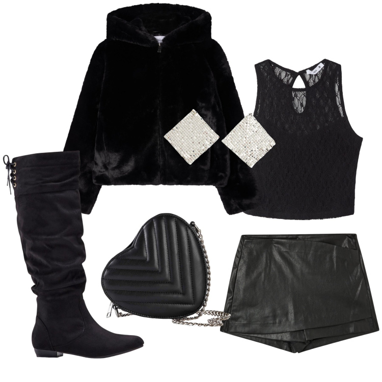 Outfit donna - Pronte per andare a ballare?. Stile Glamour per Serata fuori. Abbinamento con stivali, borse a tracolla, orecchini, minigonne, top, ecopellicce.