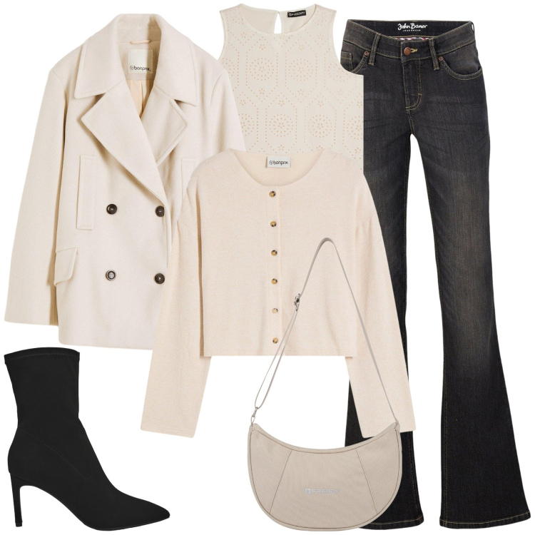 Outfit donna - È ora dell\'aperitivo!. Stile Glamour per Serata fuori. Abbinamento con jeans bootcut, caban, cardigans, stivali, borse a spalla, canottiere.