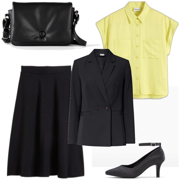 Outfit femme - Citron d automne. Style Casual chic pour Soirée dehors. Assortir avec sacs en bandoulière, blazers, jupes longues, chaussures à talon, chemises à manches courtes.