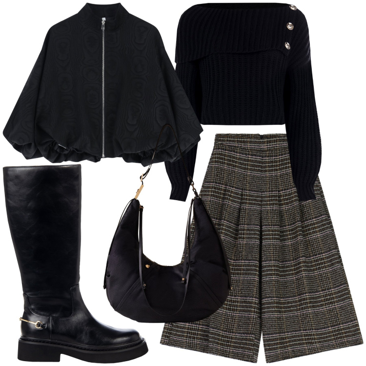 Outfit donna - Sempre glamour!. Stile Glamour per Ufficio. Abbinamento con maglieria, stivali sopra il ginocchio, pantaloni a palazzo, bomber, borse a spalla.