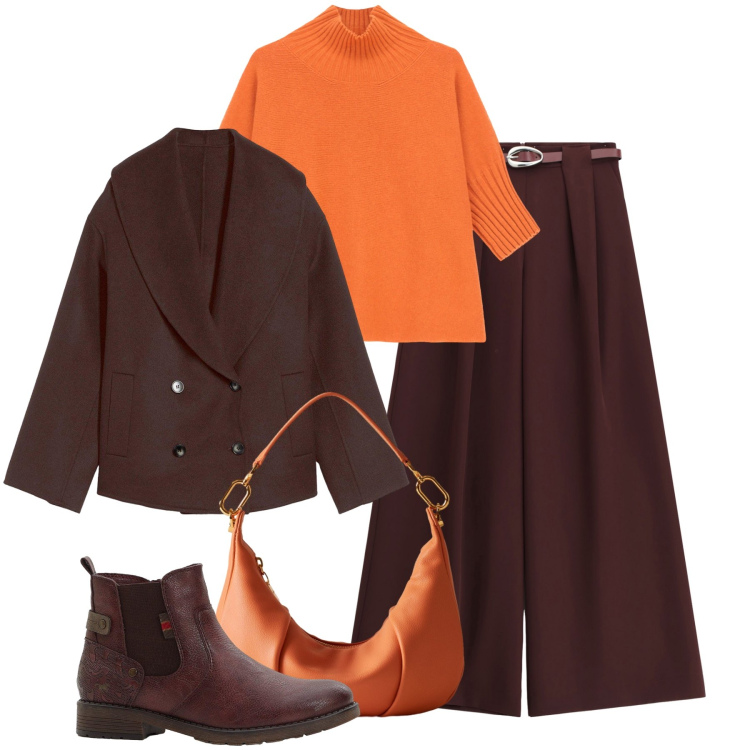 Outfit donna - Moro e arancio. Stile Casual chic per Tutti i giorni. Abbinamento con stivaletti chelsea, caban, maglieria, pantaloni a palazzo, borse a spalla.