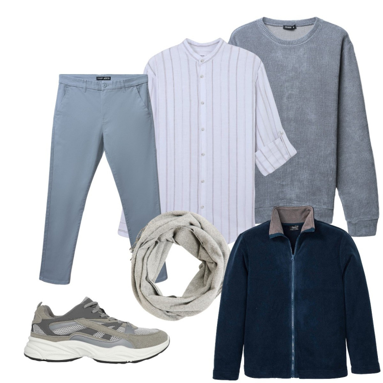 Outfit uomo - Total look #2274102. Stile Casual per Tutti i giorni. Abbinamento con giacche, sciarpe, camicie, sneakers, pantaloni chino, maglieria.