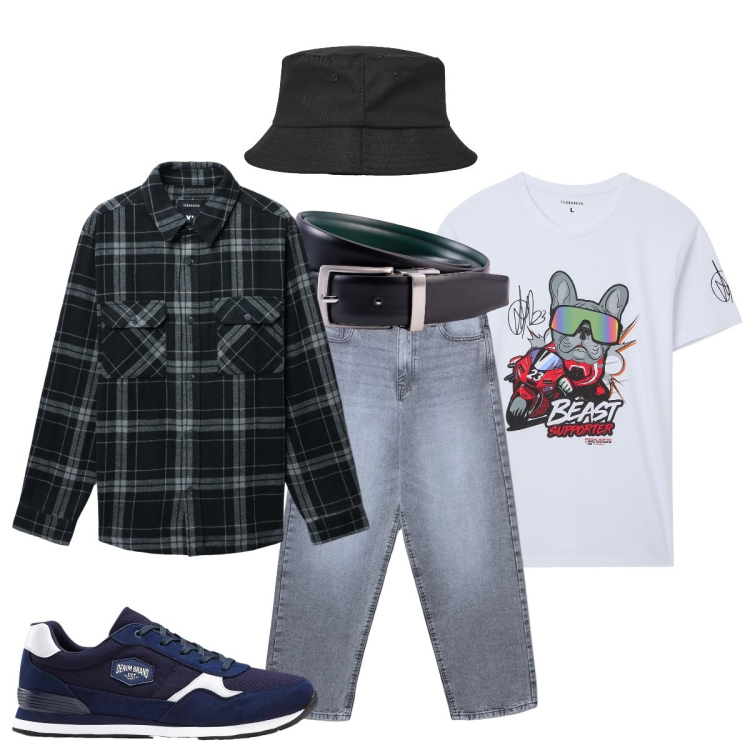 Outfit uomo - Total look #2274103. Stile Urban per Tutti i giorni. Abbinamento con sneakers, t-shirt, cappelli con visiera, jeans, cappotti, cinture.